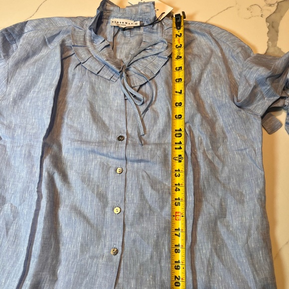 HARSHMAN X-S Linen Blue Striped Blouse with Ruffle Collar - Picture 8 of 8